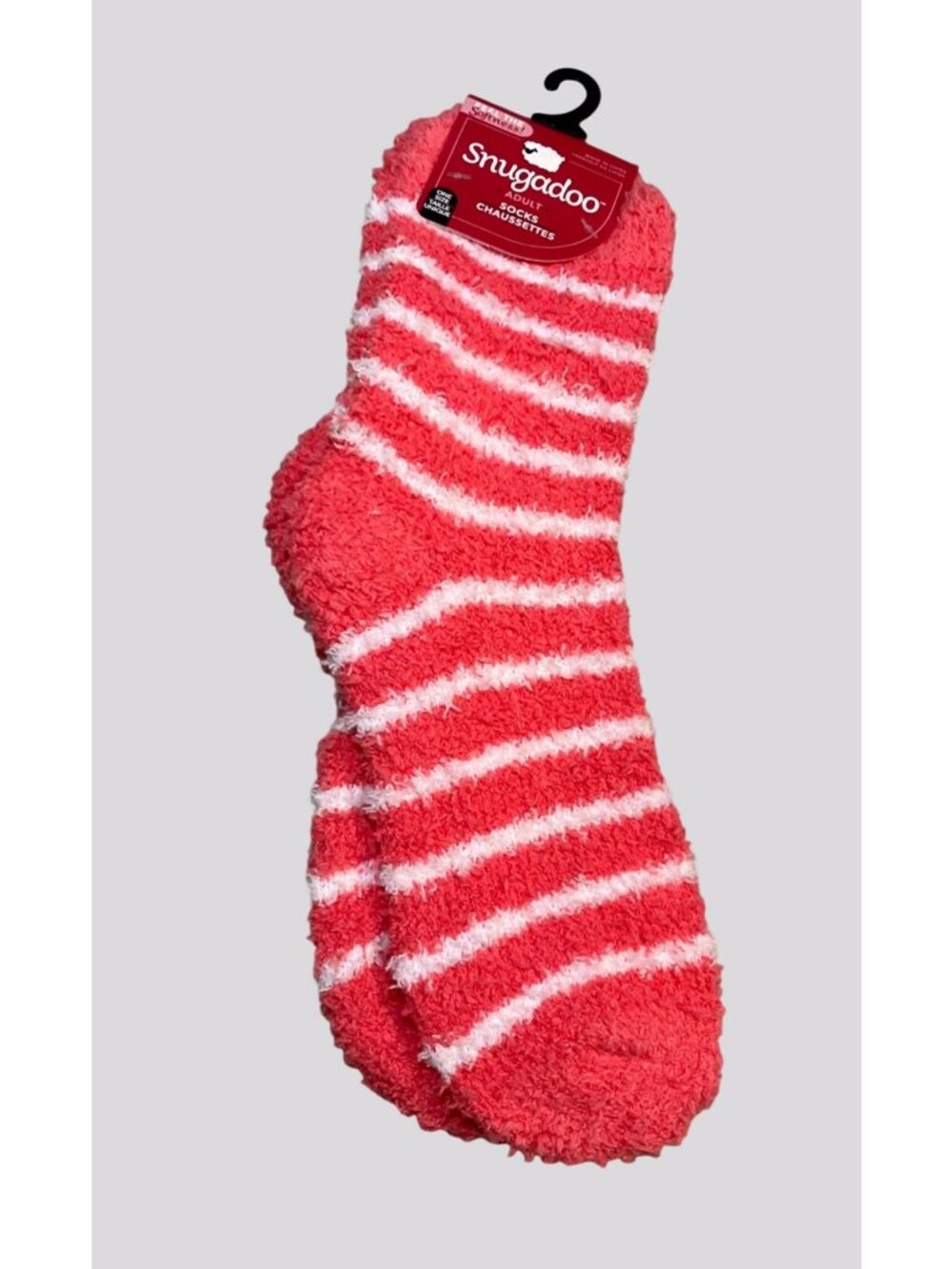 Snugadoo Adult Fuzzy Striped Socks One Size Coral and White